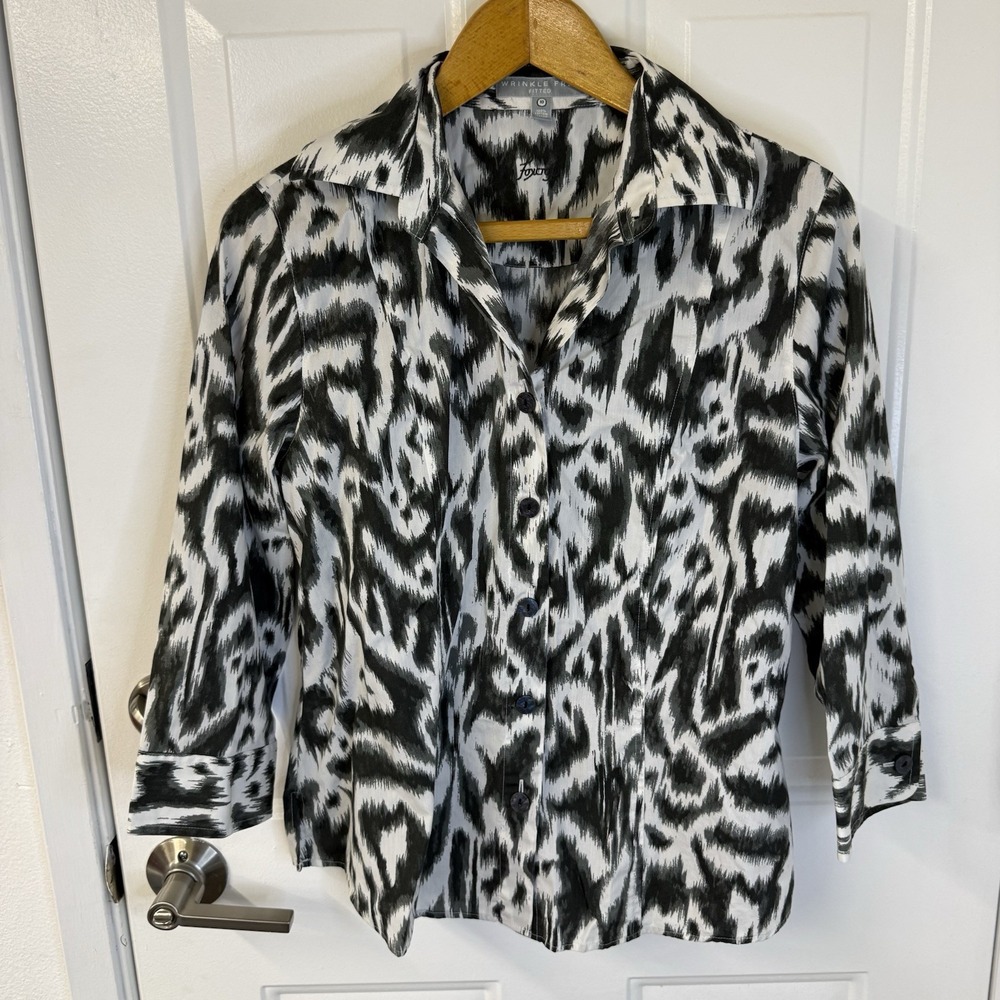 Foxcroft Blouse Cotton Office Black White Ikat Print Wrinkle‎ Free Womens Sz 10